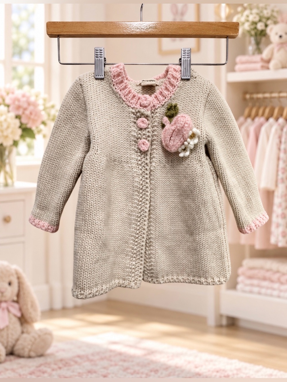 Huggalugs handknit Sweater pink edging mohair poppy blossoms 18-24 months